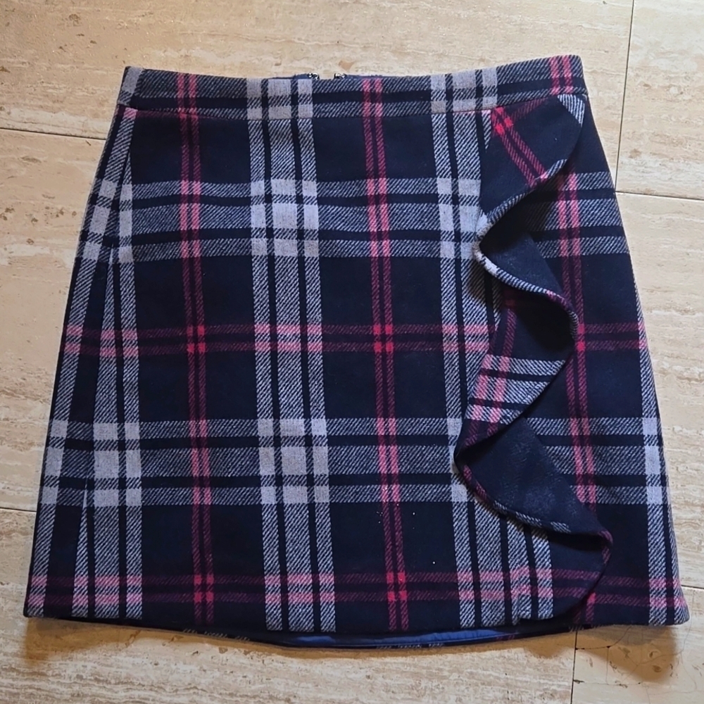 J. Crew Mercantile Navy Plaid Wool Blend Side Ruffle Frill Skirt